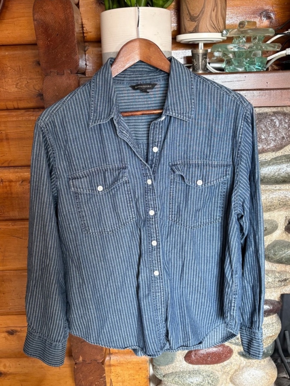 Banana Republic Railroad Hickory Style Western Shirt Striped Denim